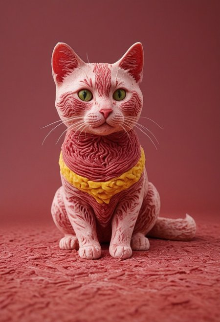 ((a cute chibby cat with big eyes made out of clay)), very detailed, 4k, sharp, eating rainbow wagyu meat made out of fractangles, novuschroma51 style, ((many meat bananas all over the place)), make meat yellow
