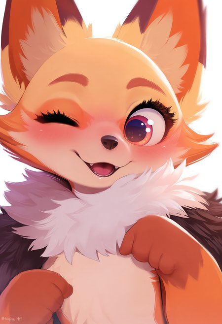 masterpiece, furry fox, orange fur, white fur trim, big eyes, wide smile, blush, seductive wink, white background
<lora:Maid Magic_Furry-V1:0.7>