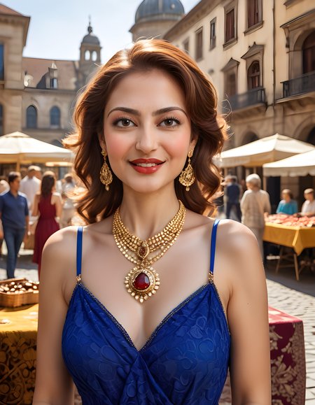 In a bustling, sun-drenched cobblestone square filled with vibrant stalls and the chatter of local vendors, a captivating woman with chestnut-brown hair cascading down her shoulders, adorned in an elegant, royal blue dress that complements her deep brown eyes, stands alone. Her lips curved in a soft smile, accentuated by delicate red lipstick, as she locks eyes with the viewer. A glimmer of gold from various necklaces and earrings catches the sunlight, while she gracefully holds an antique am832rrb camera, poised to capture the moment. The rich hues of her attire contrast beautifully with the warm, golden tones of the square's architecture, creating a vivid and engaging scene that invites the viewer into a timeless narrative.