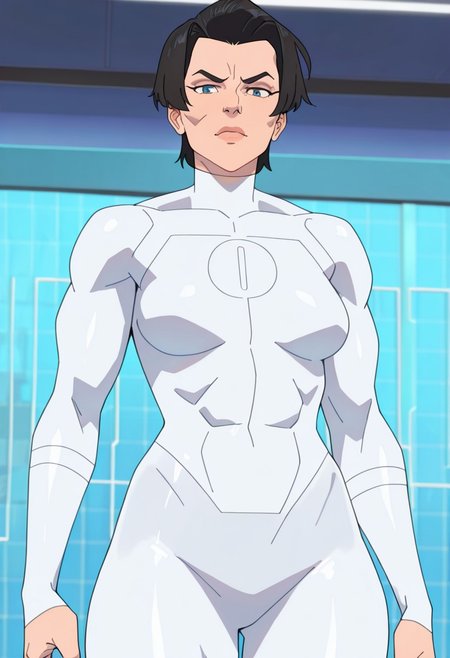 masterpiece, best quality, newest, absurdres, highres, Invincible-show-style-INVPACK.V1.0,
AnissaINVPACK.V1.0, 
1girl, female focus, bodysuit, Viltrumite bodysuit, muscular, muscular female, athletic female, short hair, black hair,