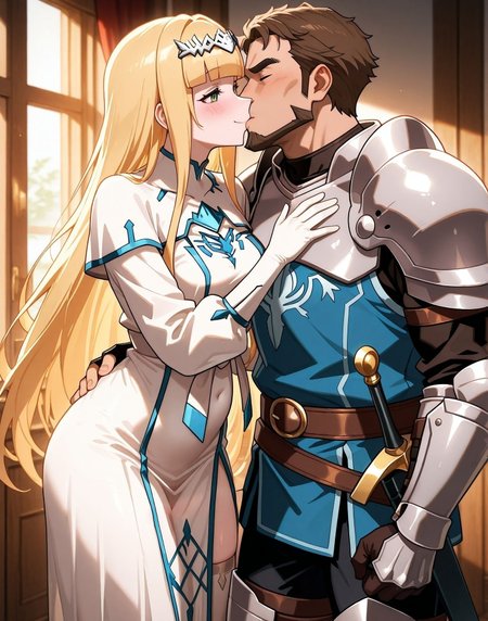 masterpiece,best quality,amazing quality,very aesthetic,absurdres,newest, huge filesize,
<lora:spo_sdxl_10ep_4k-data_lora_webui:0.5>, 
<lora:add-detail-xl:1> overlord,official art, 
anime screenshot,  
<lora:Pregnancy test_illustrious_V1.0:0.8> pregnancy test, holding, smile, blush, cuddling, kiss, 
BREAK
pregnancy test, holding, smile, blush,kiss, 
 sidelocks,   blunt bangs,   hair ornament , 
white robe, blue mark in  chest,   long sleeves,white fingerless gloves, 
long hair. green eyes,  white dress,
blonde hair female , long skirt,
white dress, milf,
thighhighs.
o_calca, human female,long blackout curtain,
<lora:overlord_The_Sacred_Kingdom_V1:0.7>
overlord_V1,
BREAK
short hair,   kiss, 
weapon,armor,
sword,brown hair,
short hair,shoulder armor, male focus, 
full body,
boots,gloves,pauldrons,
sheath,belt, , blue eyes,
o_Isandro,   muscular male, messy hair, thick eyebrows,beard,