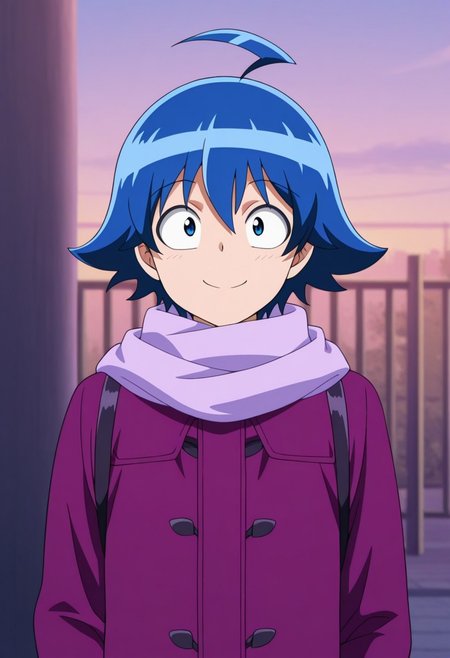 masterpiece,best quality,amazing quality, source_anime,
IrumaSuzuki, 1boy, male focus, solo, blue eyes, blue hair, ahoge, scarf, coat, purple coat, upper body, smile, outdoor,