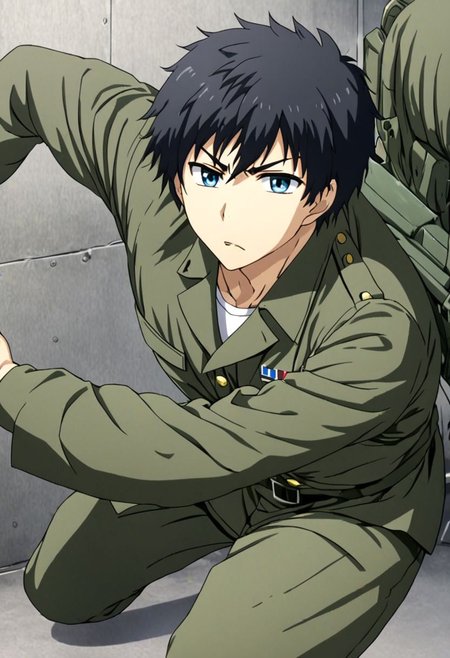 high resolution, solo, best quality, 1Boy, Arata Kaizaki, Black Hair, Blue Eyes, military, action, OverallDetail