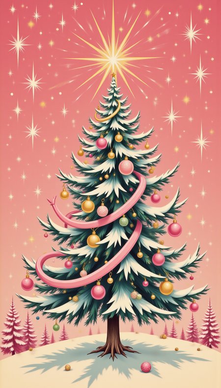 <lora:PinkieClassicChristmasFLUX:1>, pinkclassicchristmas, A Christmas tree with elongated ornaments, flowing ribbons, and a starburst halo