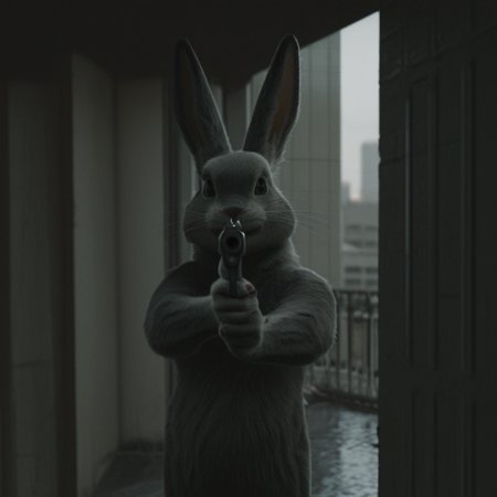 masterpiece, best quality, amazing quality, very aesthetic, high resolution, ultra-detailed, absurdres, scenery, photorealistic, Prompt, BREAK, depth of field, photorealistic details, volumetric lighting,source_photo,solo,1boy,bugs bunny,furry male,rabbit ears,rabbit boy,holding gun,pointing gun at viewer,city,alleyway,smoke