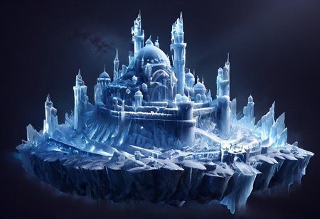 DarkFantasy, ice, ais-icebaby, made of ais-icebaby, dark, chiaroscuro, low-key, ((castle)),  3 towers,towers,  kaiyomuseum,  scenery, water, building, moon ice,  skyscraper, city, city lights, reflection, neon lights, ice_art, ice, matchcraft floating island, sky , star,(((matchcraft floating island))), ((islands floating))