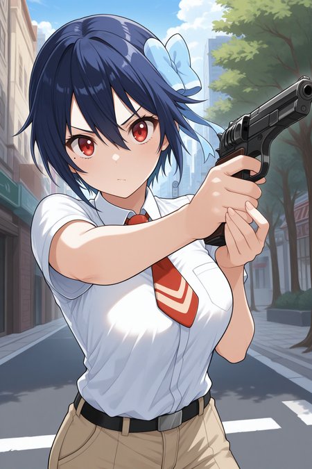 masterpiece, best quality, 1girl, solo, <lora:tsugumi-illu-nvwls-v1-000007:1> sstsu, dark blue hair, short hair, v-shaped eyebrows, hair between eyes, red eyes, mole under eye, breasts, hair bow, light blue bow, white shirt, collared shirt, short necktie, red necktie, short sleeves, light brown pants, holding handgun, aiming, pistol, blue sky, tree, city street, looking at viewer