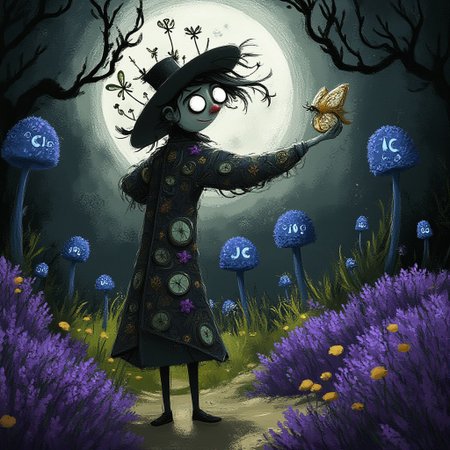 A whimsical illustration of a peculiar clockmaker with accordion-like stretched limbs in dark whimsical art style, wearing a patchwork coat made of mismatched fabric with tiny ticking clocks sewn all over it, their impossibly long fingers delicately hold a mechanical butterfly with gear wings, digital painting with intricate brushstrokes showing textures of different materials, standing among purple lavender and glowing blue mushrooms that tick in time with the clocks, characteristic Tim Burton inspired design with enormous heterochromatic eyes (one silver like a moon, one gold like a gear) that seem to spin hypnotically like clock hands, wild gravity-defying hair sprouting tiny windable keys, a crooked top hat balanced precariously on top with dangling watch chains, moonlit Victorian garden background with twisted topiary in shapes of timepieces, the character's gentle mysterious smile suggests they know secrets about time itself