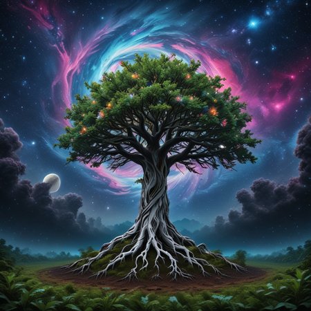 white huge tree grows from the black hole in the center of galaxy, fluorescent leaves, white glowing bark, alien colorful planets grow on branches of the tree, life energy flows through the roots of the tree, space, cosmic scenery, clouds of cosmic dust around, black background, hyperrealistic, photorealistic, atmospheric scene, depth of field, 8k quality, extreme detailed, colorful, award-winning masterpiece, abstract beauty