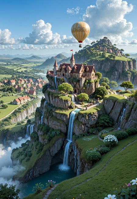 a whimsical scene of a floating island high above the clouds. The island should be lush and green, with waterfalls cascading over the edges and rainbows arcing through the mist. Include a small, enchanting village with houses built from natural materials, and gardens filled with exotic flowers. Depict hot air balloons and flying creatures, such as dragons and griffins, soaring around the island. Add a sense of magic and wonder with glowing orbs of light and mystical creatures roaming freely. Ensure the overall atmosphere is dreamlike and captivating, transporting viewers to a fantastical world above the clouds.
 <lora:add-detail-xl:1>
 <lora:Dynamic Poses:1>