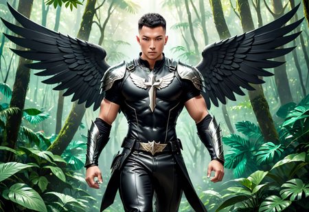 hyper-realistic, eurasian attractive man, black tidy haircut, (huge spread wide and shine polished metal razor-sharp and pegasus wings), deep embossed cross symbol on the chest, leather armor with muscle abs, long pants, action moves, fighting, aura:2.8, intimidating expression, sharp looks, ((wild rainforest background)), belt filled with gadgets and tools, fly in the air, EightClover