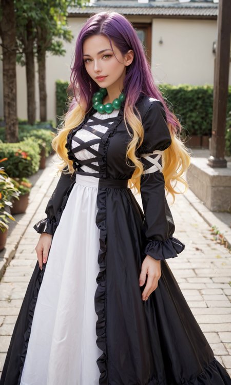 score_9, score_8_up, score_8, score_9, 1 girl,  source_anime, hijiri byakuren, <lora:byakuren_hijiri_pony-10:0.8>, purple hair, blonde hair, two-tone hair, gradient hair, long sleeves, black dress, white dress, layered dress, cross-laced clothes, long hair, yellow eyes, bead necklace,  cosplay photo, sexy, mature,