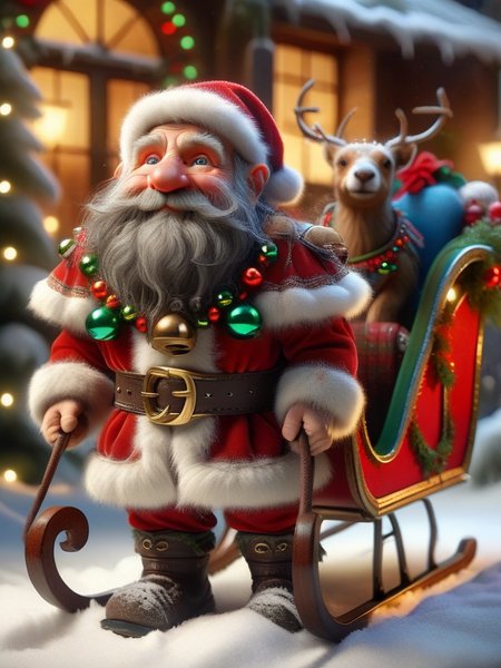 ral-santasleigh, a photorealistic  dwarf decorated and pulling Santas sleigh, the dwarf is adorned with a festive colorful harness <lora:ral-santasleigh-sdxl:1>