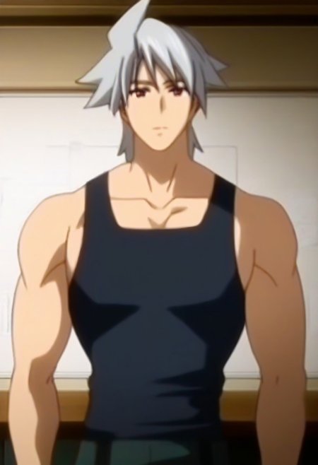 ((masterpiece)), ((best quality)), ((ultra-detailed)), ((absurdres)), score_9_up, score_8_up, score_7_up,
HD, top quality, best quality, amazing quality, High-quality illustrations, anime screencap, source_anime, best aesthetic, perfect proportions, perfect eyes, 1boy, 1male, solo boy, solo male, male focus, solo male focus, Anime, boy, male anime character, anime boy, handsome, cute, charming, sexy, good-looking, Yuki Asahina, silver-gray hair, red eyes, ((black tank top)), ((black wristbands)), ((dark green pants)), ((fit body, hunk body)), ((front view, front shot, facing front, view from the front)), ((cowboy shot, head to hips shot)), ((classroom)), easynegative, updn, Expressiveh, masterpiece, best quality, very aesthetic, absurdres