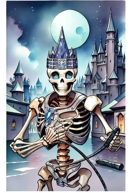 (((anatomical hands))),  skeleton with knight armor standing with a long sword, blue eyes,  score_9, score_8_up, score_7_up, score_6_up, score_5_up, score_4_up,  ((skeleton)), black rusty armor, (((jeweled headband))), stylized brown breastplate, (((whip))), steel sword, ((((whip with handle)))), ((single sword in hand)), ((action pose)), (((((single pauldron))))), metal wristbands, (((((bald))))), ((((castle background)))), bright moon, dark cloudy skies, blu glowing eyes, black sclera, empty eyes, (watercolor painting:2), night, ((spooky backdrop)),, spooky castle behind, bats flying, bones with fissures