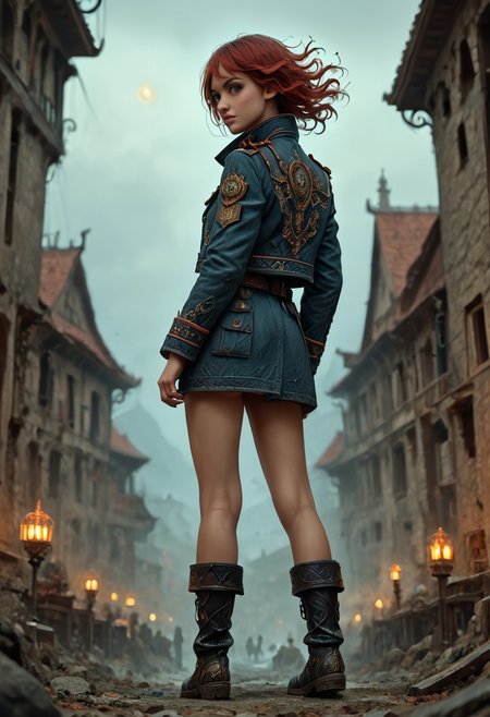 1girl, side view, she is Nausica of the Valley of the Wind, solo, masterpiece, absurdres, best quality, (colorful), cinematic lighting, realistic, dynamic pose, extremely detailed, head turned to look at viewer, red hair, beautiful detailed face,(intricate detailed blue short military jacket with gold inlaid, short miniskirt, military black boots), ((she has an extremely detailed flintlock musket in her hands)), stands alone on top of a crag among the mountains with a deep valley below, there are big stone windmills down in the valley with their blades turning in the strong wind, solo, masterpiece, absurdres,  dynamic pose, the Sun shines over her, sun rays in her hair,subsurface scattering, remarkable color, ultra realistic, textured skin, remarkable detailed pupils, realistic dull skin noise, visible skin detail, skin fuzz, dry skin, bokeh, sharp focus on subject. no headgear,extremely detailed, looking at viewer, beautiful detailed face, subsurface scattering, remarkable color, ultra realistic, textured skin, realistic dull skin noise, visible skin detail, skin fuzz, dry skin, bokeh, sharp focus on subject.