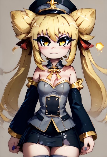 (((Rilex Lenov artstyle))), score_9, score_8_up, score_8, medium breasts, (curvy), cute, eyelashes,       BREAK, ,  zzGiratanya, yellow eyes, long hair, blonde hair, twintails, cone hair bun, double bun, hair bun,  black military hat, grey military uniform, black skirt, thighhighs, long sleeves, ribbon, bare shoulders, hair ribbon, detached sleeves,   <lora:Giratanya_CitronOC_PDXL_v2:0.8>,, BREAK, smile, closed mouth, looking at viewer, cowboy shot,  ,,, embedding:zPDXL, Expressiveh, ,,, <lora:MantisStyle_PDXL_v2:0.8>, <lora:SDXLFaeTastic2400:0.5>, <lora:Expressive_H-000001:0.4>,