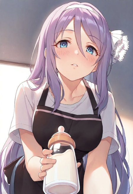 1girl, solo, shizuru \(princess connect!\), t-shirt, blue eyes, long hair, purple hair, white headband, white headwear, holding a bottle, baby bottle, looking at viewer, black apron, upper_body, leaning_forward, from below, masterpiece, best quality, very aesthetic