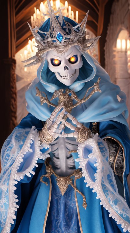 a skeleton, his skull is covered in icicles and frost, intricate carving, wearing a face mask, glowing eye sockets, wearing a frozen blue crown, masterpiece, best quality, intricate detail, absurdres, professional photography, soft lighting, tone mapped, highly detailed, sharp focus, dramatic lighting, intricate details, cinematic, 8K, incredible shadows, realistic, (highly detailed background:1.0), <hypernet:char_DollfieCute:0.8>, Ruchona Dollfie