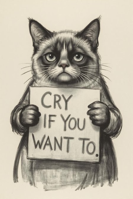 kako1 black and white charcoal drawing.  Grumpy Cat holding a sign that says "Cry if you want to". <lora:kako1_litho_nocap_d6a3:1.0><lora:814767807574060531:0>