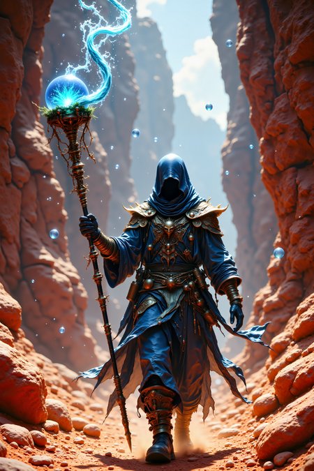 A water finder strides through towering red rock formations, using a staff topped with a living water elemental contained in a crystal sphere. Their coat is made of scales from desert dragons, shifting colors to match the surrounding rocks, while floating orbs of collected water orbit around them. Metal tubes running along their staff collect moisture from the air, glowing with soft blue light. A mechanical compass made of gold and glass floats before them, pointing to hidden underground springs. Fantastic lighting. Detailed shadows.intricate details, vivid colors, hyper-detailed, ultra-sharp,, , <lora:FluxMythR3alisticF><lora:PCB_Image_Enhancer_for_FLUX:0.35>