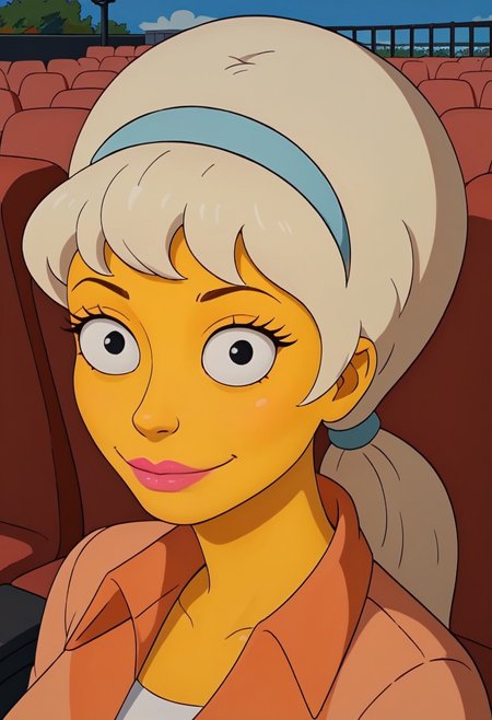 ((theater background)),score_9, score_8_up, score_7_up,score_6_up, 
1girl, Solo, LurleenL_TS, yellow skin, black eyes, blonde hair, hairstyle ponytail, blue hairband, pink lips, blue headband, big eyes, light orange country shirt with orange collar, blue skinny jeans, white belt, light pink tall cowboy boots, tall stature, social smile, sexy face, close-up, face photo, perfect eyes, perfect smile, looking at the viewer, big breasts, detailed eyes, perfect eyes, very close-up