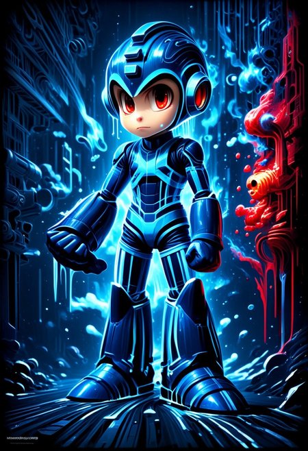 CHIBI, CUTE, megaman, ROCKMAN, BLUE ARMOR, 1BOY, gloves, boots, arm cannon, Futuristic, Power Armor,  score_9, score_8_up, score_7_up, score_6_up, score_5_up, score_4_up, very aesthetic, full body shot, 1men, ((cute face)), very detailed facial features, detailed face, intricate details, hyperdetailed, hyperrealistic, view from the side, , best quality, masterpiece, ral-melting , in the style of red and light azure,dreamy and romantic compositions,blu,ethereal machines,playful arrangements,fantasy,high contrast,ink strokes,explosions,over exposure,Blue and navy tone impression,abstract,whole body capture, glowing blue lines, dark, lightweaver style