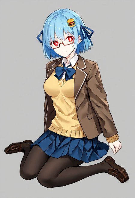score_9, score_8_up, score_7_up, score_6_up, score_5_up, score_4_up, source_anime, 1girl, solo, 
hamburger-chan_\(hundredburger\), food-themed hair ornament, hair ribbon, glasses, hair ornament, red eyes, semi-rimless eyewear,under-rim eyewear, red-framed eyewear, breasts,rectangular eyewear, blue hair, short hair,bangs,white pupils, solid circle eyes, skirt, pantyhose,blue ribbon, blue skirt, blue hair, blue bowtie, short hair, pleated skirt, long sleeves, bowtie, bow, blue bow,, school uniform, yellow sweater, loafers,brown jacket, 
masterpiece, best quality, very aesthetic, absurdres,