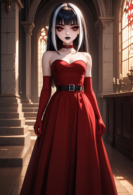 (masterpiece), 8k, best quality, ultra-detailed, (high res), cinematic lighting, beautiful lighting, high quality, studio quality, detailed, insanely detailed, extreme detail, refined detail, perfect detail, max detail, smooth lighting, detailed background, hyper detailed body, beautiful lighting, vibrant lighting, global illumination, absurdres, high-res, dynamic lighting, score_9, score_8_up, score_7_up, score_6_up, score_5_up, score_4_up, ponypositive, 1girl, solo, solo focus, (narrow waist, skinny, small body, slim), looking at viewer, (3/4 view), indoors, (Gothic Castle), bright lighting, daylight, sunshine, cute, kawaii, gleaming eyes, (closed mouth), no expression, legs spread, big eyes, (standing), alone, Expressiveh, (hands by sides), (rating_safe, sfw), cgi, (dark red dress, black dress accents, goth dress), goth, blunt bangs, (dark red elbow gloves), long hair, red eyes, makeup, (black leather boots), black stockings, (dark red choker), lips, total drama, Crimson_(Total_Drama), (pale white skin), black lips, lipstick, (black hair, white highlights, white streaks), (long dress), (goth makeup), black belt, (goth jewelry)