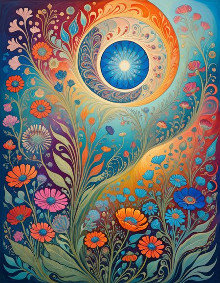 cover art, abstract painting, wildflowers, blue sky, vibrant colors, swirling patterns, rich jewel-toned colors, trippy, intricate designs, dynamic compositions, mentixis, masterpiece, in style of Mikalojus Konstantinas Äiurlionis, <lora:Daisy-Acid:0.4> <lora:mentixis:0.6>