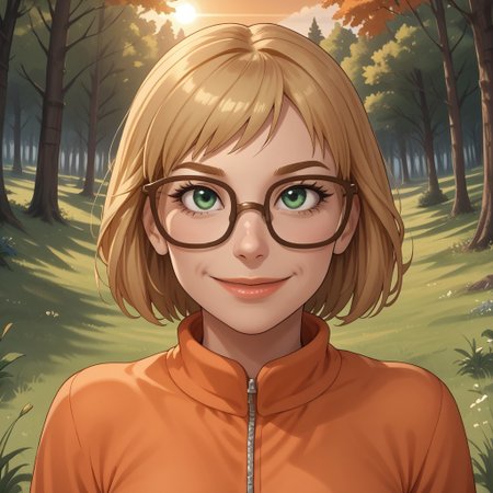 score_9, score_8, BREAK, solo, wii, mii, wii sports, 1girl, female mii, blonde hair, dark blonde eyebrows, green eyes, brown glasses, old woman, lips, orange clothing, white pants, sandals, breasts, nintendo mii, modern_mii, classic_mii, NellyWiiSports, sexy pose, self portrait, smile, outdoors, sunlight, shadows, evening lighting, natural lighting, forest, trees, grass, orange sky, sunset