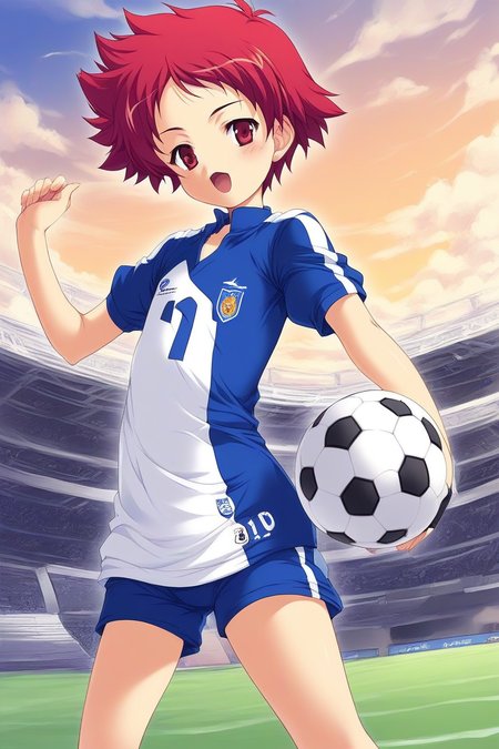score_9, score_8_up, score_7_up, source_anime, rating_explicit, BREAK  <lora:Tsurumi_Tsubasa_Ver2.0_XL:1> TsurumiTsubasa, solo, short hair, red hair, red eyes, 
slant eyes,  soccer uniform, soccer play, soccer ball. ground. outdoor, sky, standing,
Show less,