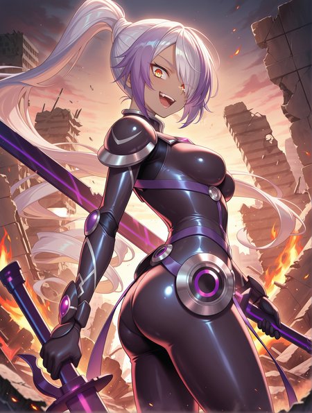 sky striker ace - azalea,  1girl, solo, open mouth, looking back, medium breasts, holding purple katana, purple katana, high ponytail, from side, black battle bodysuit,  evil grin, ruins, fire
masterpiece,best quality,amazing quality,very aesthetic,absurdres,newest,<lora:sky striker ace - camellia and azalea illusXL v2:0.75>,