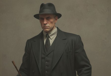 1920s mobster holding a club while wearing a 3 piece black suit and Black Bowler Derby Hat Short Rolled Brim Fedora Hat,  Vibrant (George Tooker) and (Simon Stalenhag) and (Holly Andres) book cover style.
Title: "The Closer".
Life-like details.
Cinematic. Dramatic. Dynamic. 
Pristine Aesthetic.
Enigmatic.
Emotionally Moving.
Moody.
Extremely refined lines and and shapes.
Extremely refined details on objects.
Sharp details.
Complementary colors.
Many details everywhere. Ray-Tracing. Anti-Aliasing. Realistic soft shadows. Low saturation colors. Insane quality. Insane resolution. Insane details. Masterpiece. 32k resolution.