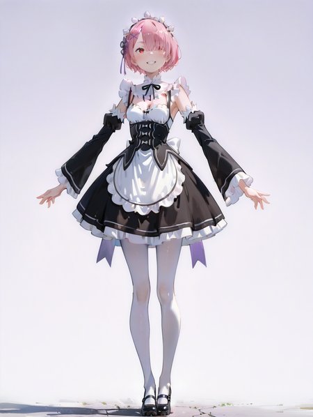 perfect quality,high quality,masterpiece,best quality,amazing quality,very aesthetic,absurdres,Cinematic Lighting,newest,Tactical use of shadow,
front view,full_shot,Grin,
RAMCYQL,1girl,solo,short hair,bangs,pink hair,hair over one eye,red eyes,hair ornament,x hair ornament,maid headdress,ribbon,hair ribbon,purple ribbon,maid,roswaal mansion maid uniform,black dress,detached sleeves,long sleeves,apron,waist apron,white apron,frills,pantyhose,white pantyhose,mary janes,black footwear,cleavage,
full body,standing,outstretched_arms,,
lavender background,simple background,
EtherStyle,qxys,usnr,748cmstyle,<lora:spo_sdxl_10ep_4k-data_lora_webui:0.6>,<lora:illustrious_all_rated_v1:0.7>,<lora:laser_light_clothes_v0.5-pony:0.5>,<lora:holographiccolor:0.6>,<lora:EtherSDXL:0.8>,<lora:RAMCYQL:1>,