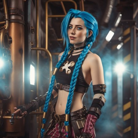 cinematic photo cinematic photo a woman, full body, and blue hair and braids is posing for a picture, steampunk city background <lora:Jinx1024-000260:0.8> . 35mm photograph, film, bokeh, professional, 4k, highly detailed