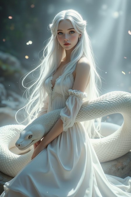 A surreal and hyper-realistic scene featuring a classical beauty dressed in a flowing white silk gown, accompanied by a majestic white snake. The intricate details of her attire and the snake's scales are highlighted, set against a dreamy, ethereal background. The scene is illuminated with soft, magical lighting, enhancing the otherworldly and enchanting atmosphere.
surreal, hyper-realistic, classical beauty, white silk gown, majestic white snake, intricate details, dreamy background, ethereal, soft magical lighting, enchanting, otherworldly, visually stunning, high quality, detailed, sharp clarity, breathtaking, elegant, graceful.
looking at viewer, long hair, white hair,
<lora:Dever_Flux_Enhancer:0.5>
<lora:Midjourney_-_SemiReal_Dreams_FLUX_LoRA:0.75>