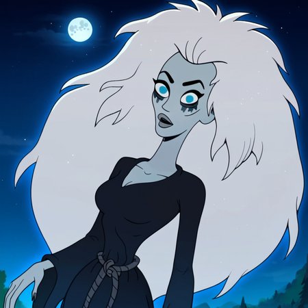 score_9, score_8_up, score_7_up, 1girl, Wraithgf, white hair, long hair, blue eyes, colored skin, grey skin, sharp teeth, eyeliner, medium breasts, narrow waist, wide hips, looking at viewer, floating, on back, night, full moon, highres, high quality, masterpiece, <lora:WraithGF:1>