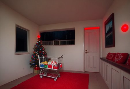 a room with a hole in the middle of it, a painting of a house with a red light on, ocean, a shopping cart is sitting outside of a house, real world location, a stairway way with a lit up exit sign, duckling, coca-cola, a room with a bed and a television in it, train station, a room with a lot of lights and a christmas tree