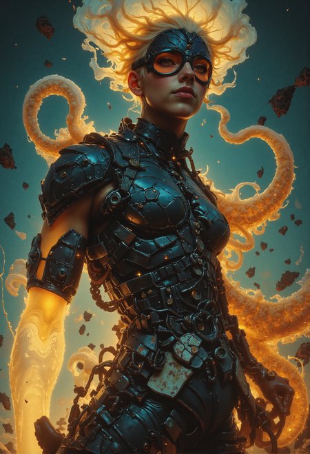 (famous artwork by Yoann Lossel:1.4), Ethereal cyborg woman, bioluminescent jellyfish headdress. Steampunk goggles blend with translucent tentacles. Cracked porcelain skin meets iridescent scales. Mechanical implants and delicate tendrils intertwine. Human features with otherworldly glow. Dreamy aquatic hues contrast weathered metal. Reflective eyes capture unseen worlds. Soft bioluminescence meets harsh desert backdrop. Fusion of organic and synthetic, ancient and futuristic. Hyper-detailed textures, surreal atmosphere. <lora:MoriiMee_Gothic_Niji_Style_FLUX.safetensors:1.0>,  <lora:flux.1_lora_flyway_Epic-detail_v2.safetensors:0.3>,  <lora:aiai-Glimra-Flux-Dev-v2.safetensors:0.3>,  <lora:- Flux1 - soothing_atmo_V2.0.safetensors:0.5>,  <lora:sss-snek-000001.safetensors:0.5>,
