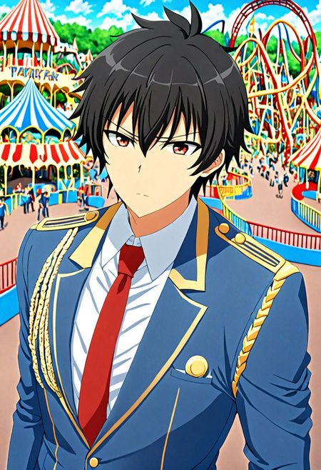 high resolution, solo, best quality, 1Boy, Seiya Kanie, black hair, short hair, thin, Manager, Wihite Shirt, Blue Jacket, theme park, gold aiguillettes, red tie, OverallDetail