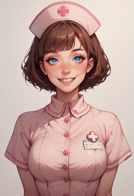 score_9, score_8_up, score_7_up, score_6_up,best quality anime, intricate details,
girl, puffy belly, deep blue eyes, nose blush, brown hair short hair with fringe,
wearing pink nurse dress with nurse cap,
dark blank background, 
top view, closeup shot, smile, teeth, posing
