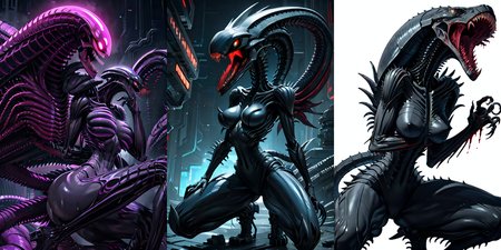 (otherworldly), highly insanely detailed, masterpiece, top quality, best quality, highres, 4k, 8k, RAW photo, (very aesthetic, beautiful and aesthetic), 
__lazy-wildcards/cosplay-char/alien-predator/xenomorph/prompts__, 
<lora:FemXeno:0.5>, 
(1girl:1.3), eyes focus, 
__lazy-wildcards/dataset/background__,âââ