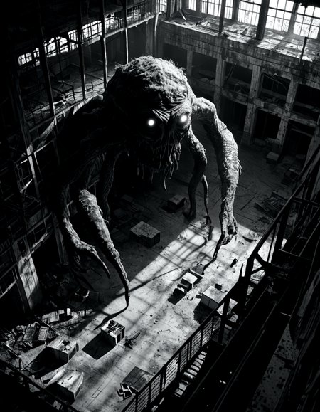 score_9, score_8_up, score_7_up, horrorcctvlora, monochrome, greyscale, dark, abandoned building, monster, glowing eyes, bird view