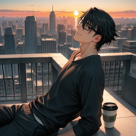 masterpiece, best quality, amazing quality, absurdres, newest, detailed background, definition so sharp, Ultra-HD, 8K cinematic, very awa, impressionate, amazing quality, highres, 
solo, male focus, manly, 
saruhikofushimi, saruhiko_black hair, saruhiko_black eyes, 1boy, short hair, glasses \(on head\), leaning back, relaxed pose, slight smile, casual outfit, coffee cup, rooftop, city view, sunset, cool colors, calm, intelligent, charming, slightly sexy