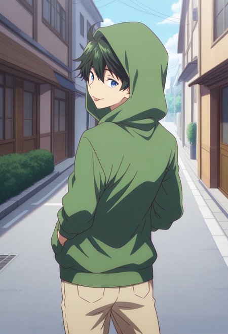 masterpiece,best quality,amazing quality, source_anime, 
HaruhikoIchijo, 1boy, male focus, solo, blue eyes, green hair, hoodie, hood up, from behind, looking back, smile, tongue out, outdoor,