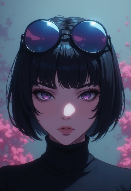 (8k resolution, absolute masterpiece, ultra detailed, best quality, masterpiece, colorful, highest detailed), (intricate details), (hyper-realistic), (dynamic angle), 1 girl, solo, short black hair, bob cut, large sunglasses on head, slit pupils, closeup, face focus, face, coloured background, wearing a skin tight black turtle neck, foggy, cool tones,