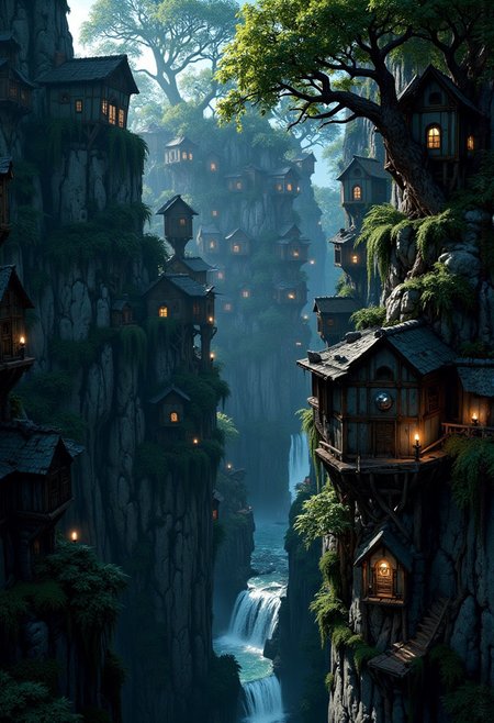 Weeping-willow trees hung over the edges, concealing rows of peculiar habitations, narrow and tall, piled one on the other. 