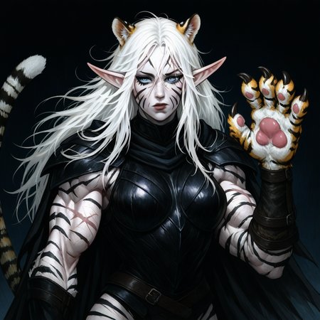 masterpiece, best quality, newest, absurdres, highres, TGV1.0, tiger girl,  facial mark, animal ears, cat ears  tiger ears, tiger tail, tiger paws, tiger stripes, 1girl, pale, white skin, colored skin, pale skin, elf, pointy ears, muscular woman, armor, cape, leather armor, scar, scars on face, white hair, long hair, messy hair, black armor, black leather, blue eyes,