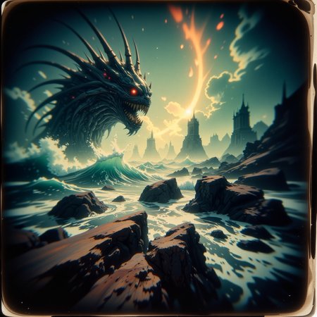 extremely detailed, golden ratio, very aesthetic, dramatic, strange and otherworldly scenery, award-winning pinhole photography, dramatic scene, fractal art, old masters oil painting, dynamic angle, this image shows the immense rare creature known as the "villainous sneedlechork" as it fribbers from the glimbercrested depths of a churning, otherworldly glowing sea under a dramatic tempestuous sky, it is surrounded by the typical jagged fractal rock formations on the elminstered shore of the water-rich planet "zynkelmoor i", superstitious life forms call it "the bringer of doom", detailed background, <lora:image_upgrade-flux-by_zeronwo7829:0.6> <lora:style-eldritch_pinhole_photography-flux-by_eldritchadam:0.8>
